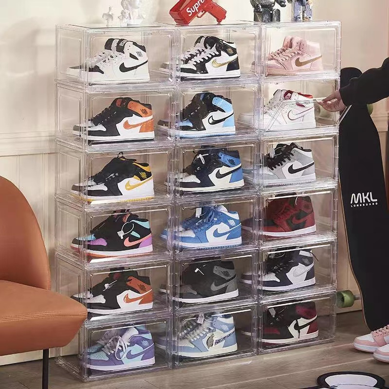 Anti-Scratch-Acrylic-Display-Sneaker-Shoe-Box-Case-Foldable-Free-Stackable-Magnetic-Side-Open-Clear-Plastic-Shoe-Box